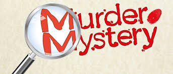 graphic of the words murder mystery with a magnifying glass