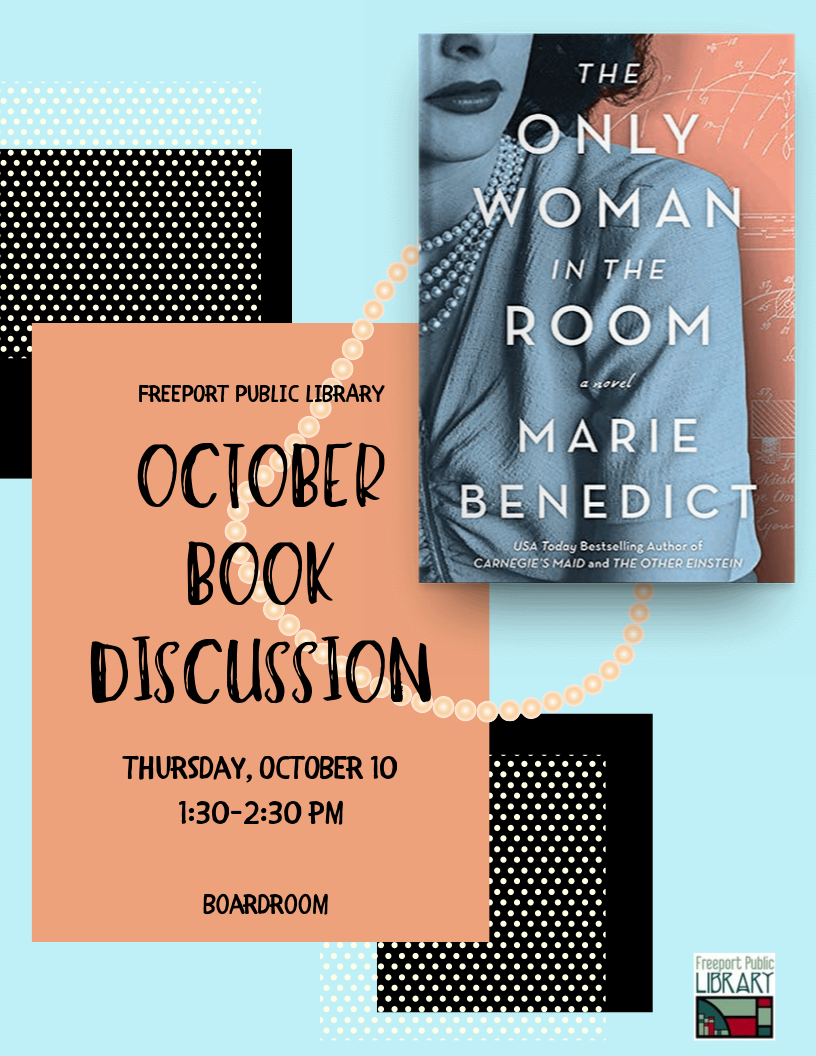 Flier for book discussion group featuring a photo of the book's cover