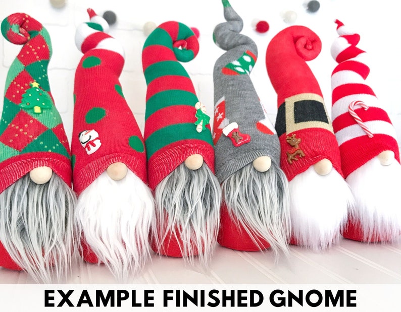 photo of five gnomes wearing holiday hats
