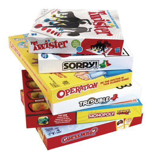 Stack of board games.