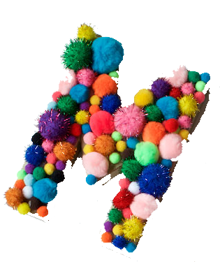 The letter M made with pom poms.