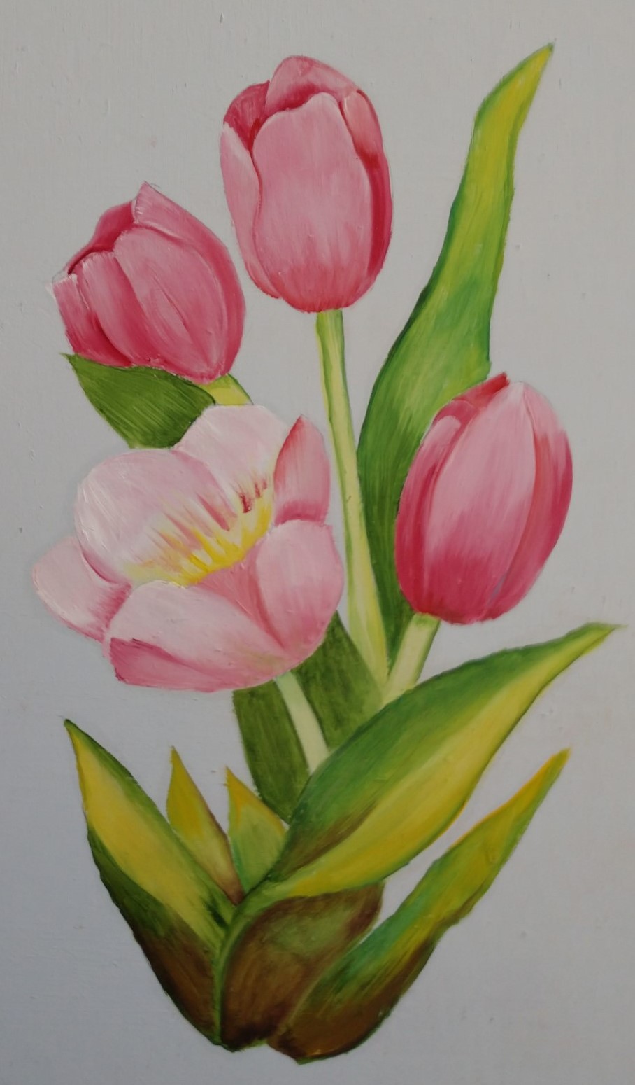 painting of 4 pink tulips with some green leaves