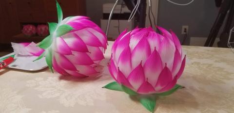 pink paper lotus flowers indicative of the craft we will be doing