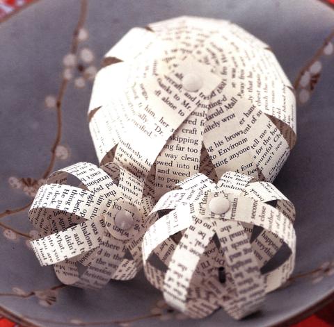 picture of spherical ornaments made of strips of book paper