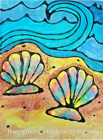 Black glue painting of seashells and waves