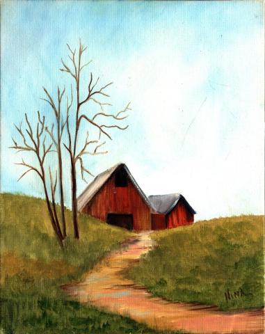 painting of a path to a barn