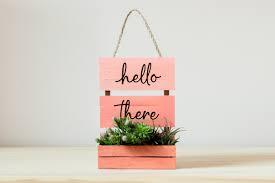 A pink DIY hanging plant shelf with the words "hello there" on the front. green plants sit inside the box.