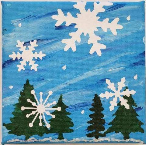 square painting of a blue winter sky with small green trees and white snowflakes