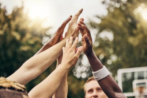 many hands of different ethnicities reach upwards for a group high five
