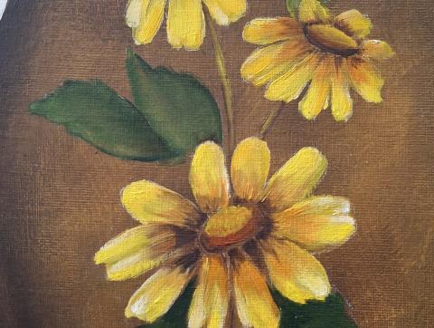 oil painting of yellow daisies with green leaves and stems on a brown background