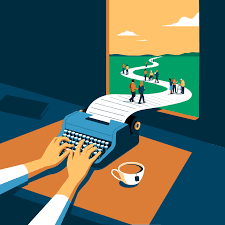 cartoon-ish drawing of hands on a typewriter with cup of coffee next to