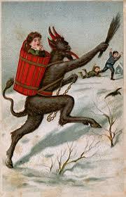 old style painting of Krampus demon carrying away a bad child in the snow