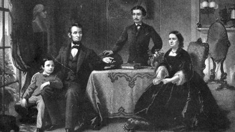 black and white drawing of the Abraham Lincoln family including Old Abe