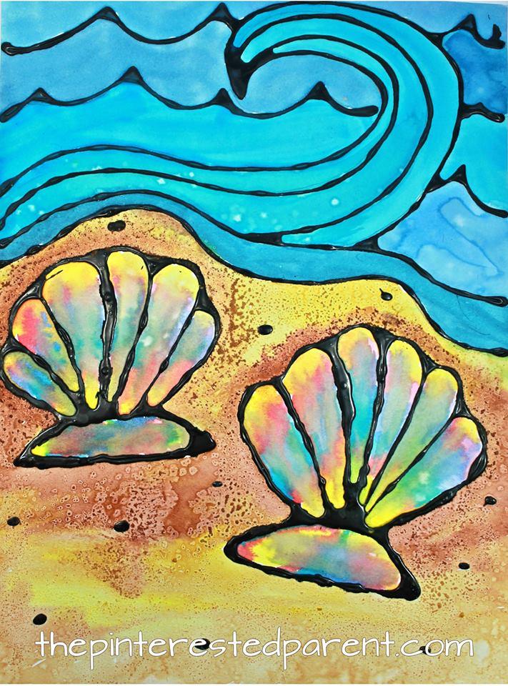 Black glue painting of seashells and waves