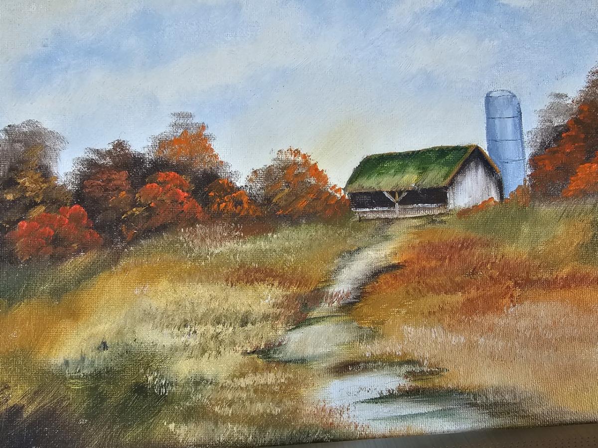 painting of a country scene with a barn in the background