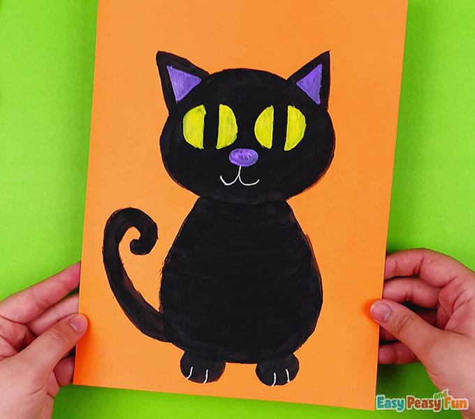 basic, simple painting of a black cat, more cartoonish than realistic