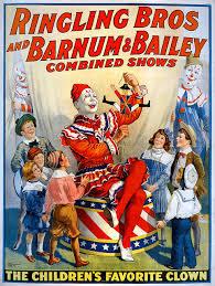 old circus poster in color with a clown and children gathered around him