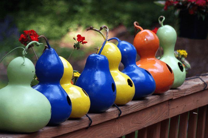 a line of painted, dried gourds on top of a fence rail. Pretty!