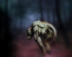 blurry painting of a monster with a curling tail