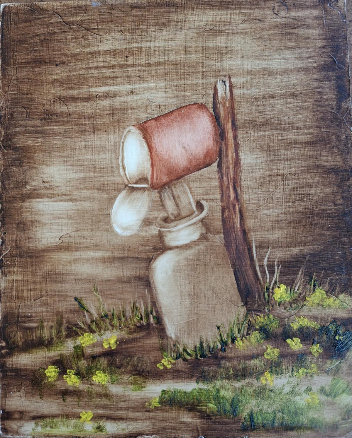 painting of a mailbox in a milk can with yellow flowers growing on the ground below