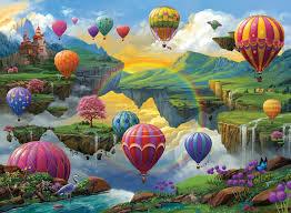 a fantastical scene with many hot air balloons flying over and among floating islands and mountains