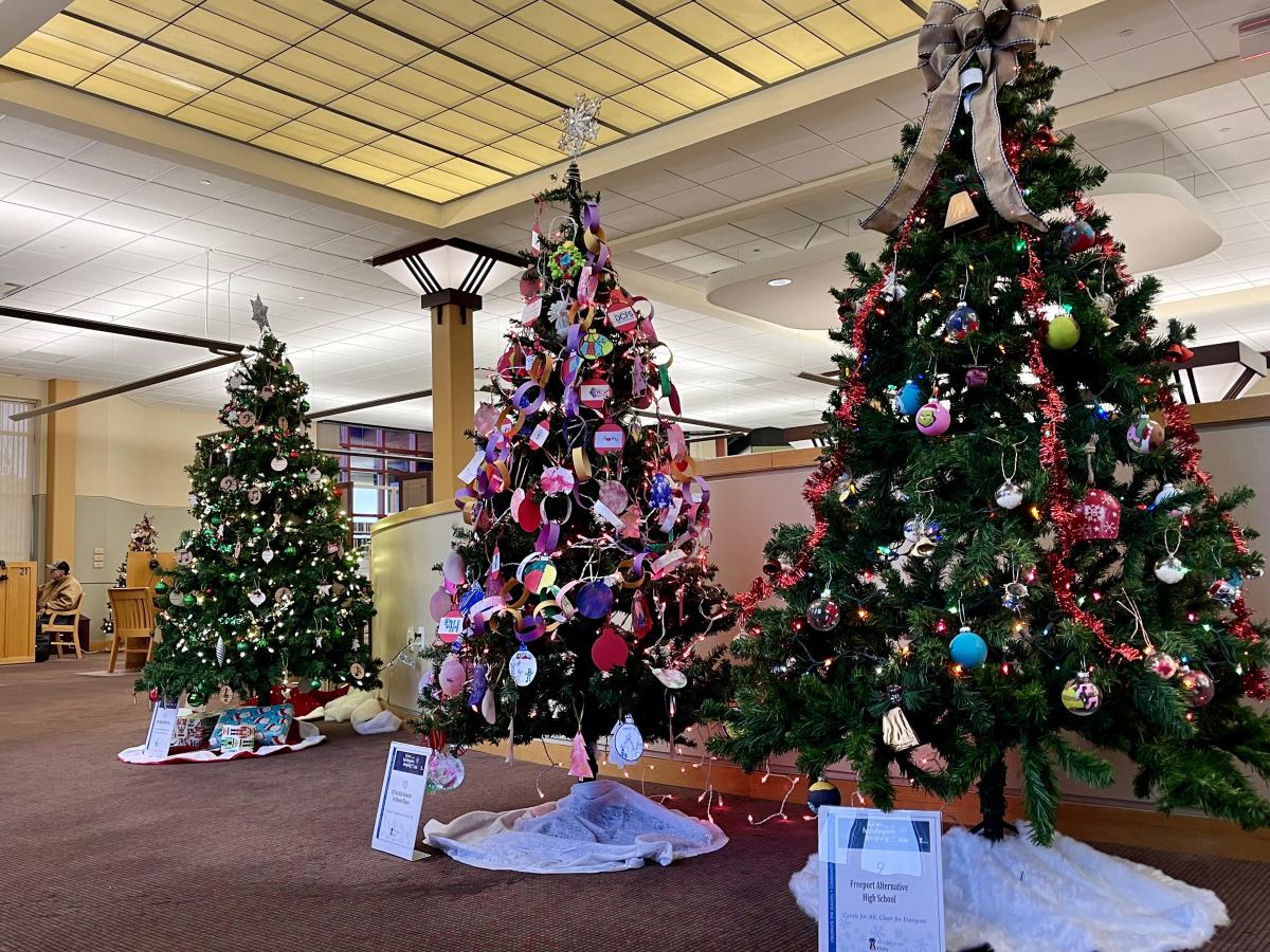 festive trees in the library